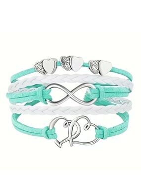 Mint Green & White Leather Multi Layer Double Heart Infinity Bracelet